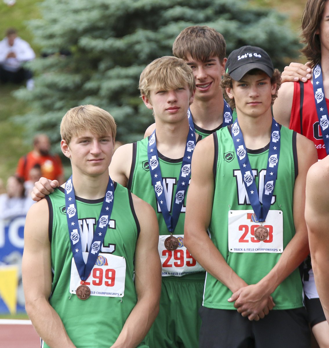 SCIStephanie's tweet photo. TR: State medal winners in the 4x800-meter relay are, from @wcpawpride, Jon Zoubek, Cash Keslar, Quinn Palmer and Houston Broz. #wcpawpride #statetrack #statemedal https://t.co/fda2AfgIcS