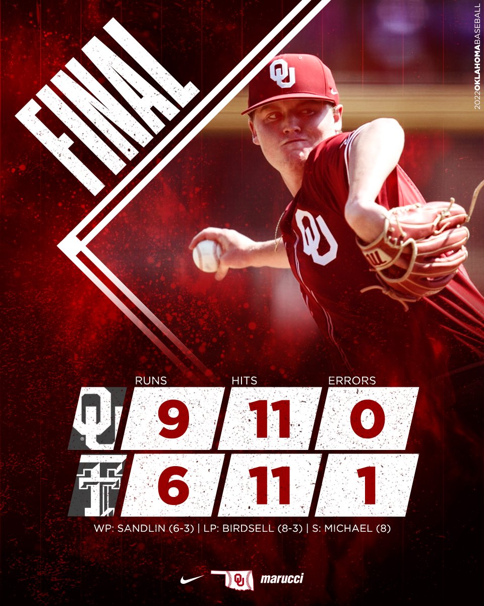 OU_Baseball's tweet photo. 𝙎𝙀𝘼𝙇𝙀𝘿 𝙄𝙏‼

Trevin Michael closes it out, and the #Sooners clinch the series over Texas Tech. OU will play for the sweep and a share of the Big 12 title tomorrow. 

#Boomer https://t.co/uKhcqxhiBC