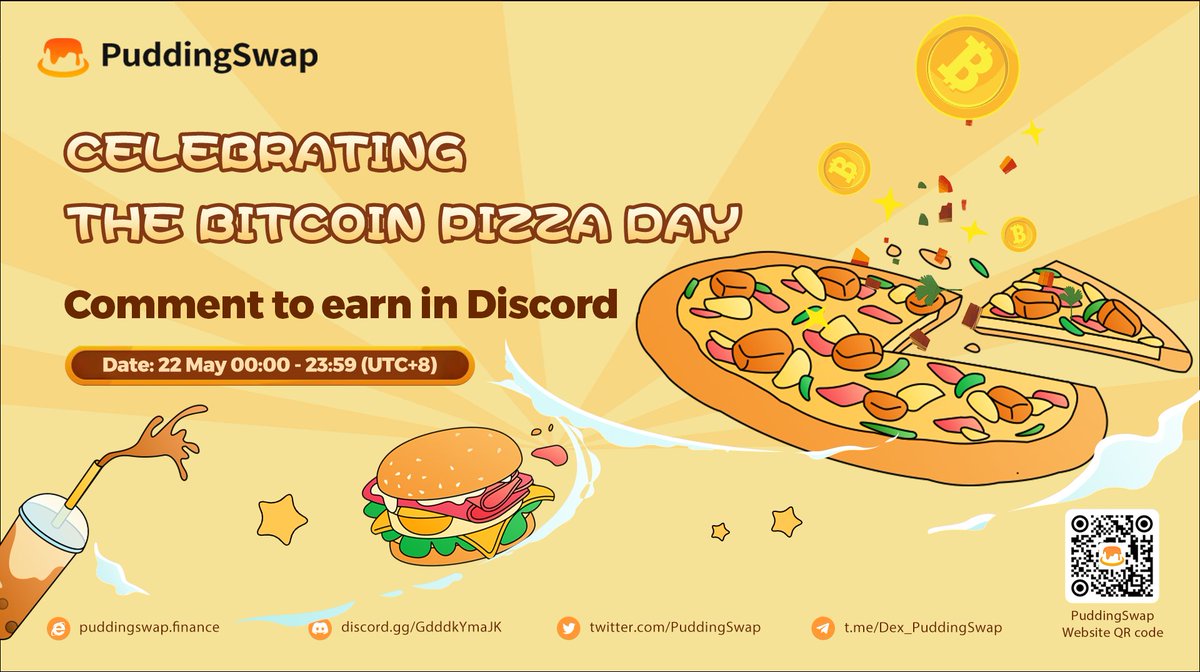 🤤Happy “Bitcoin Pizza Day"!

🍕Do you know there were 2 pizzas traded by 10000 #bitcoin?

🍮Celebrate the first trade with CM in Discord for Ingredients NFT worth 1-2 $HOO

⏰Date: 22 May 00:00 - 23:59 (UTC+8)

👍🏼Follow &amp; ❤️Like &amp; 🔄RT &amp; 🔗Join Discord👇🏻
discord.gg/QBvnWukSCJ