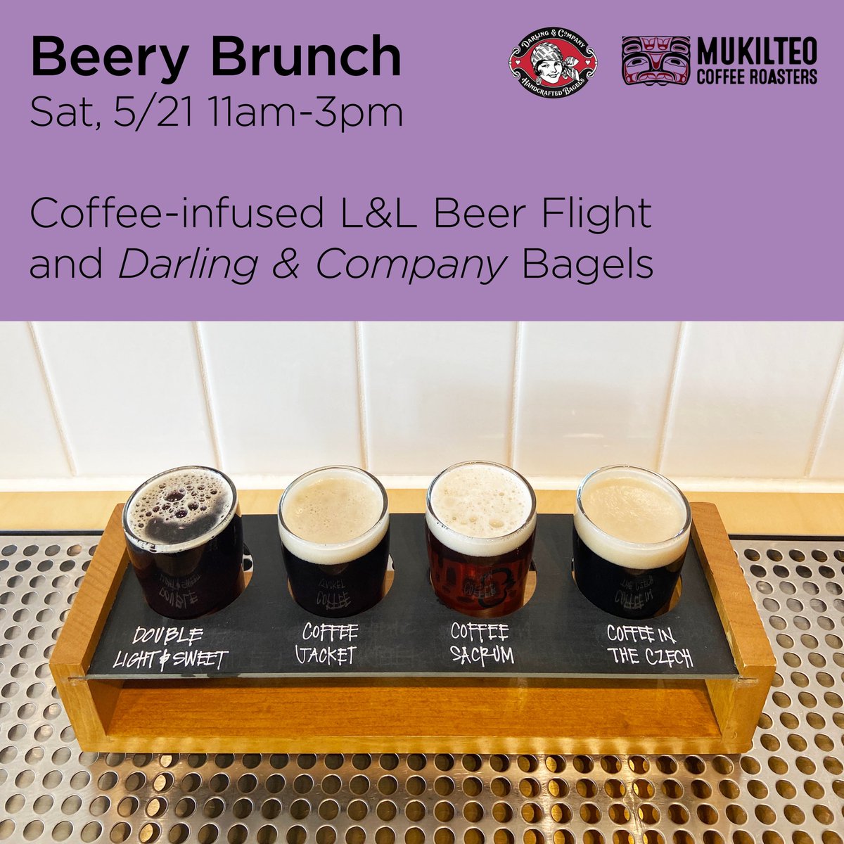 LaddandLass's tweet photo. WE’RE OPENING EARLY to help you with your #SeattleBeerWeek hangover! Come by for a flight of @mukilteocoffee coffee-infused L&L beer and @darlingandcobagels bagels & bagel sandwiches. ☕️🍺🥯 #BeeryBrunch https://t.co/DprYbtxOzR