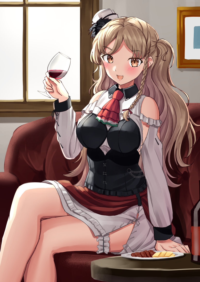 zara (kancolle) 1girl solo wine glass long hair drinking glass skirt cup  illustration images