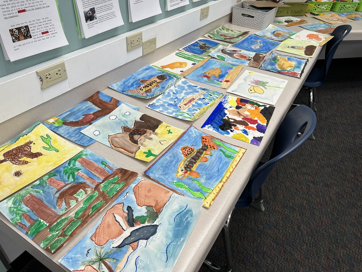 Do you recognize these animals? They’re California state symbols! These young authors wrote brilliant informational pieces based on their research, and followed up with these gorgeous watercolor-resist masterpieces! #eusdtweets