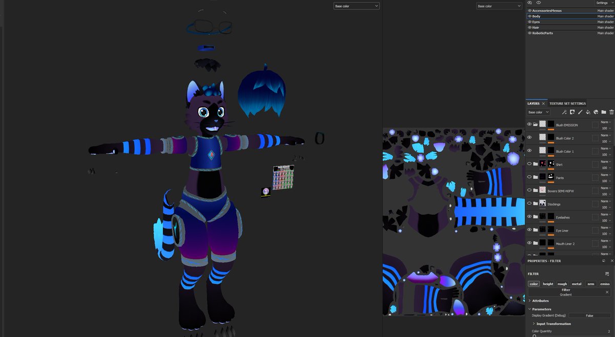 FrostKittyPaw's tweet photo. Substance Painter files for the Catgen are done. Created a purple-blue design. I am call him Raymond. He glows in the dark.
#VRChat #furry #protogen #cat #catgen #VR #VRC https://t.co/o3UiINQzNg