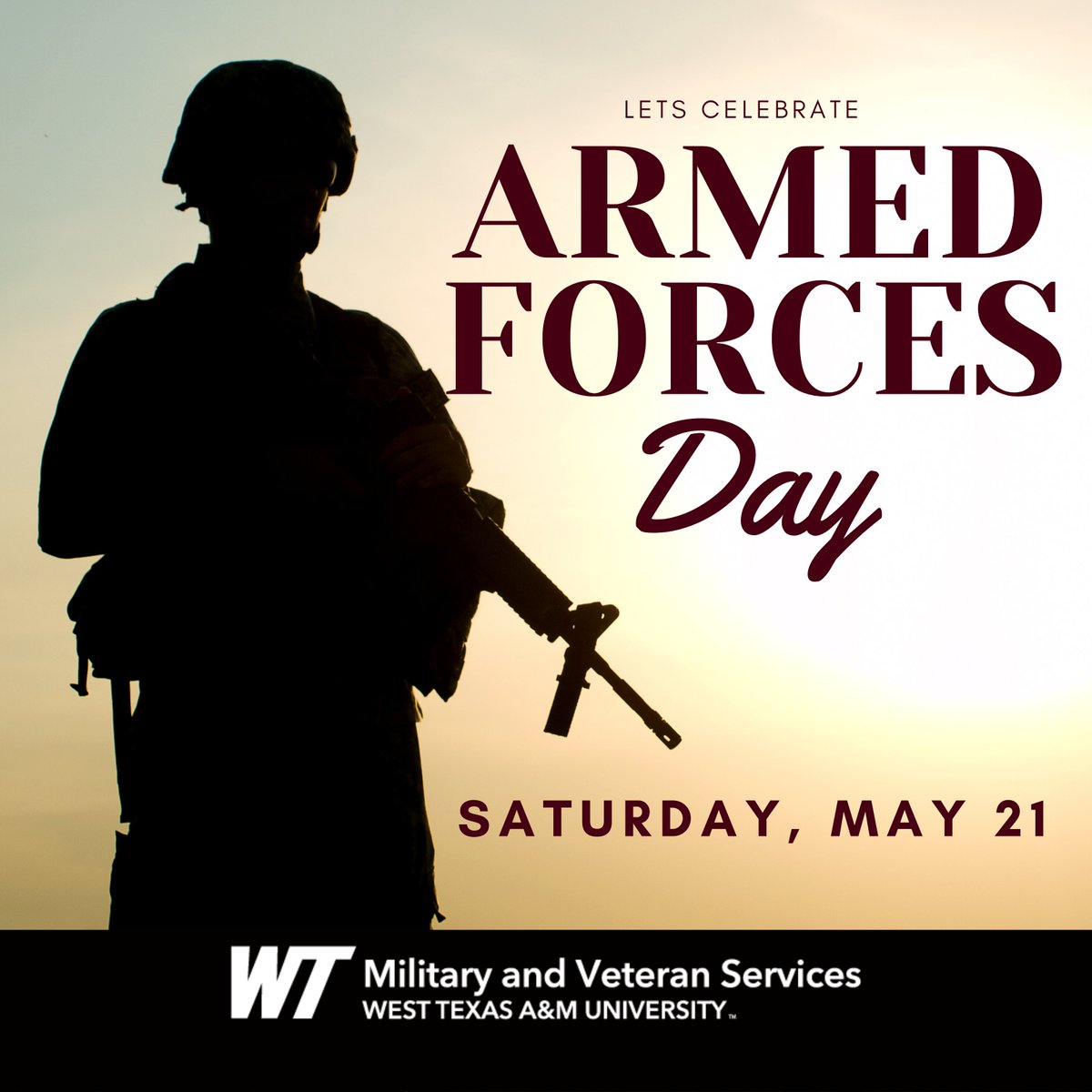 wtamuveterans's tweet photo. Let's celebrate Armed Forces Day 

Saturday, May 21st https://t.co/3lXCVtD27E