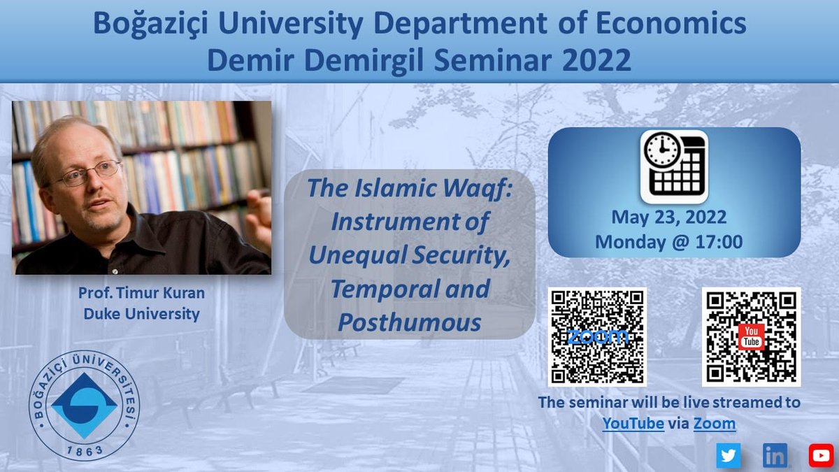 Timur Kuran (@timurkuran) on Twitter photo Presenting a paper joint w/ <a href="/SerkantAdiguzel/">Serkant Adıgüzel</a> on the distributional effects of the Islamic waqf. It served to perpetuate temporal inequalities and aimed to replicate them in the hereafter, the paper suggests, based on data from Istanbul, 1453-1923. (Monday TSİ 17, GMT 15, EST10) Presenting a paper joint w/ <a href="/SerkantAdiguzel/">Serkant Adıgüzel</a> on the distributional effects of the Islamic waqf. It served to perpetuate temporal inequalities and aimed to replicate them in the hereafter, the paper suggests, based on data from Istanbul, 1453-1923. (Monday TSİ 17, GMT 15, EST10)