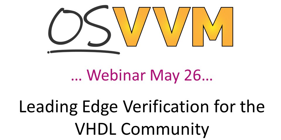 SynthWorks's tweet photo. Looking to improve your VHDL testbench capability?  #OSVVM is the right solution. OSVVM is developed by leaders in the VHDL standards community and has all the pieces needed for verification.

Webinar series starts on Thursday May 26.  See:  https://t.co/NEMPjv0zkh

#vhdl #fpga https://t.co/eWpBqcWgUu
