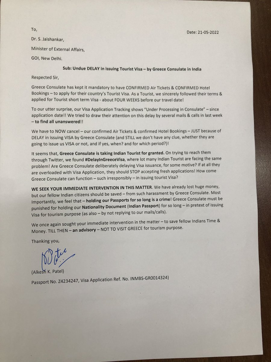 <a href="/DrSJaishankar/">Dr. S. Jaishankar</a> Undue DELAY in issuing Tourist Visa by Greece Consulate in India
