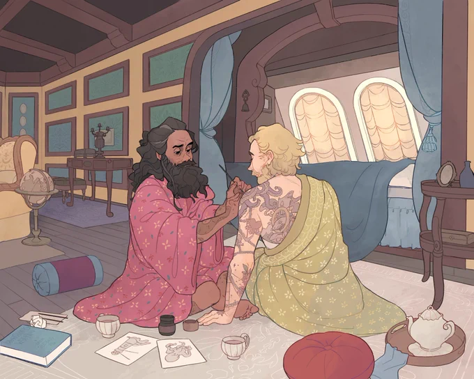Tattoos and tea 🏴‍☠️🏳️‍🌈

#RenewOurFlagMeansDeath #ourflagmeansdeathfanart #StedeWithTattoos #andAbeard #PleaseS2 #ofmd 