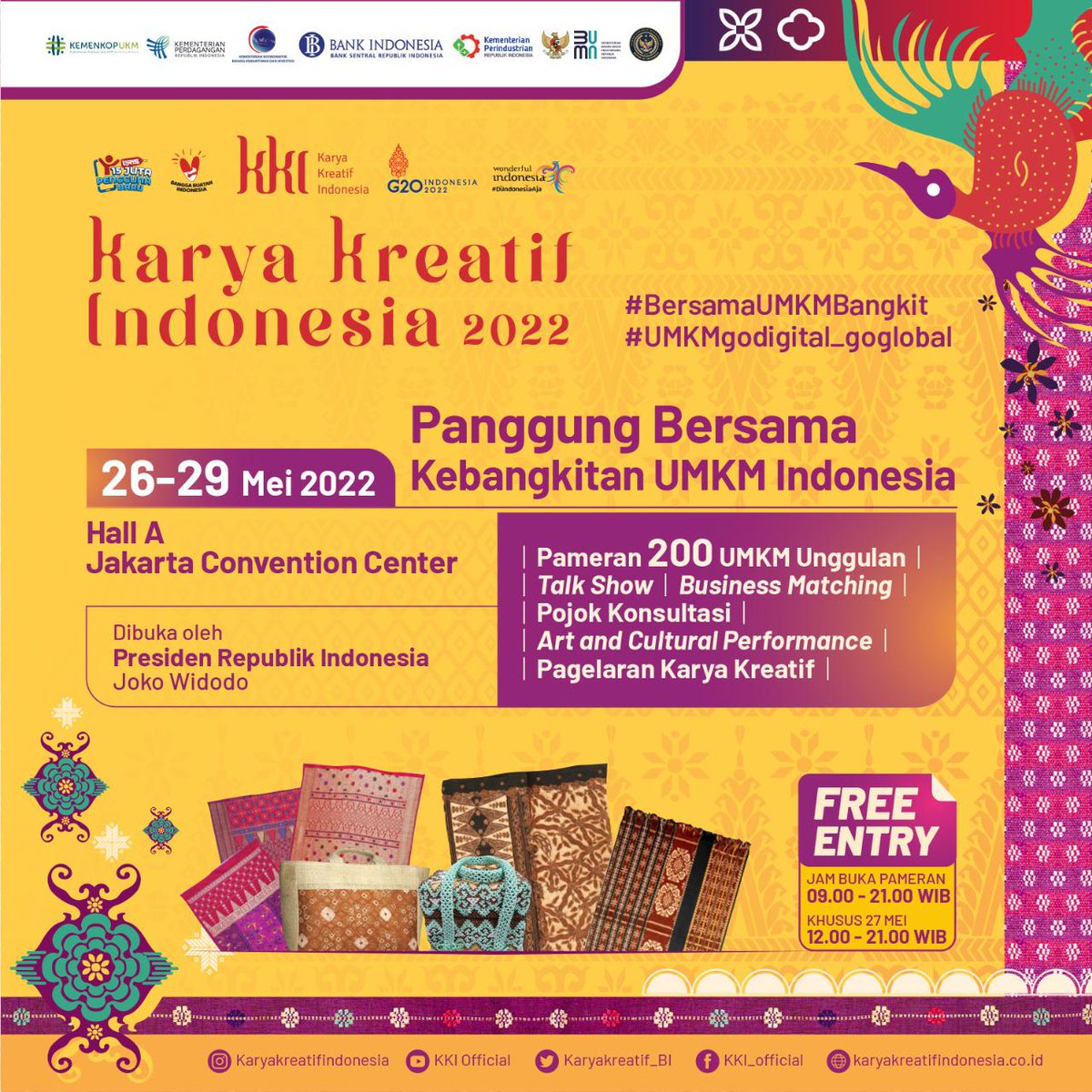kemenkop_'s tweet photo. Halo, pecinta produk lokal kebanggaan Indonesia!🇮🇩

Yuk berkunjung ke Karya Kreatif Indonesia (KKI) 2022 yang merupakan Panggung Bersama Kebangkitan UMKM Indonesia.

KKI kembali hadir secara hybrid pd 26-29 Mei 2022, bertempat di Hall A JCC, setelah 2 tahun masa pandemi. https://t.co/HU2P1VG7hW