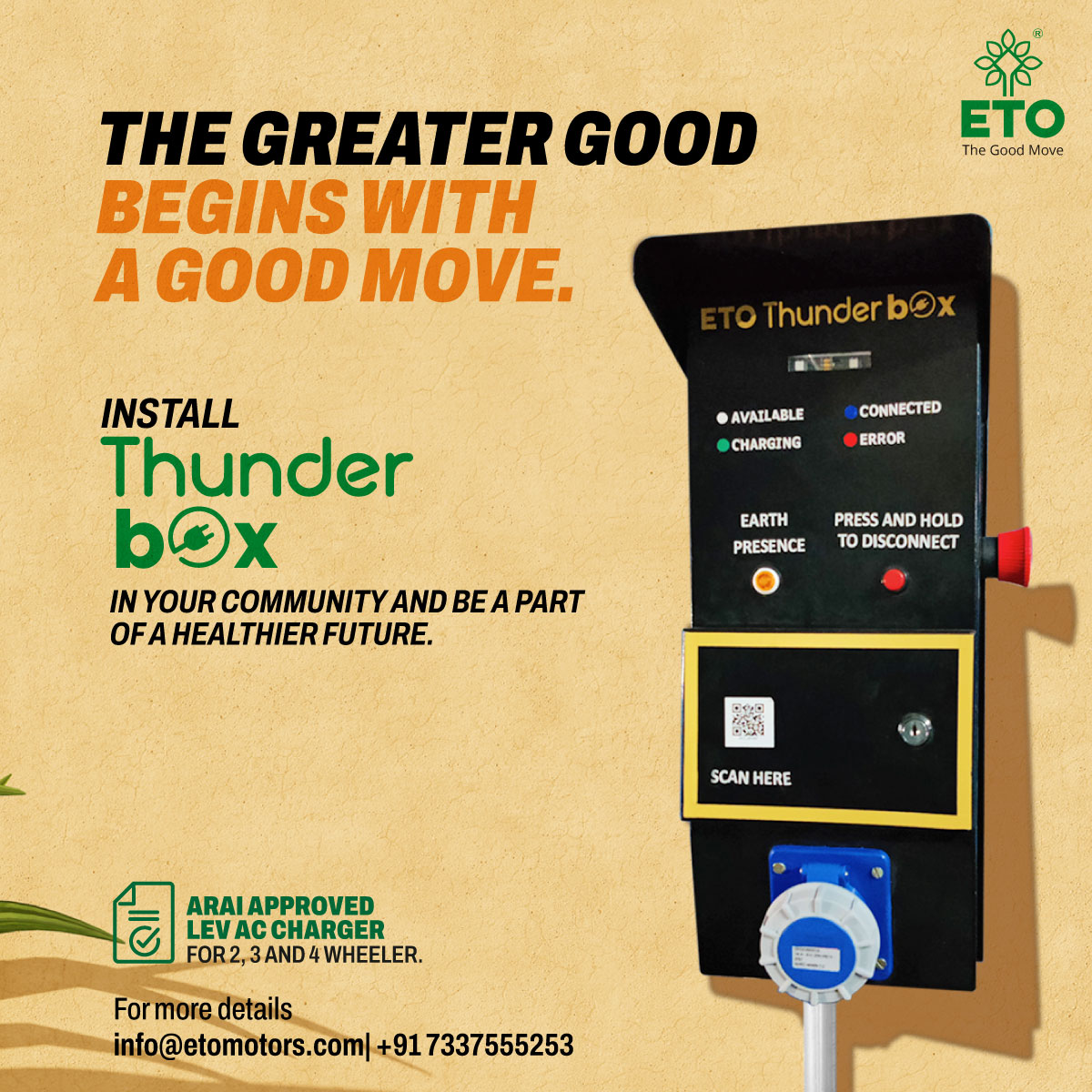 Introduce your community to #thegoodmove. The Thunder box is a quick easy-to-install #ACcharger with app-enabled #charging. #EVchargers lead the way to making the shift towards a healthier and sustainable #planet.
#etomotors #electricvehicles #evcharger #evcharging #environment