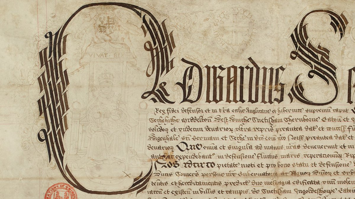 These Letters Patent were granted by Edward VI #otd 1548. They grant the lands of the former Holy Trinity and St George’s Guilds to the Mayor and Burgess. These were the two largest guilds and were extremely wealthy. The boy king can be seen in the illuminated initial <a href="/NorfolkRO/">Norfolk Record Office</a>