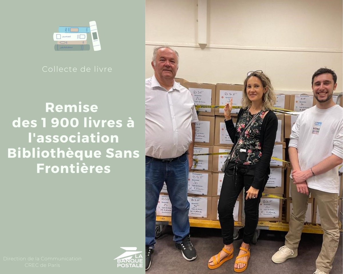 Sand_Therm's tweet photo. Remise des livres collectés à Bibliothèques Sans Frontières
 Ce sont 1 900 ouvrages qui leur ont été offerts grâce à la générosité de nos collaborateurs!
 
Un grand MERCI eux pour leur participation !
 
#CRECdeParis #RSE #BSF #donsdelivres #collaborateur #labanquepostale https://t.co/5wrL0J91Vr