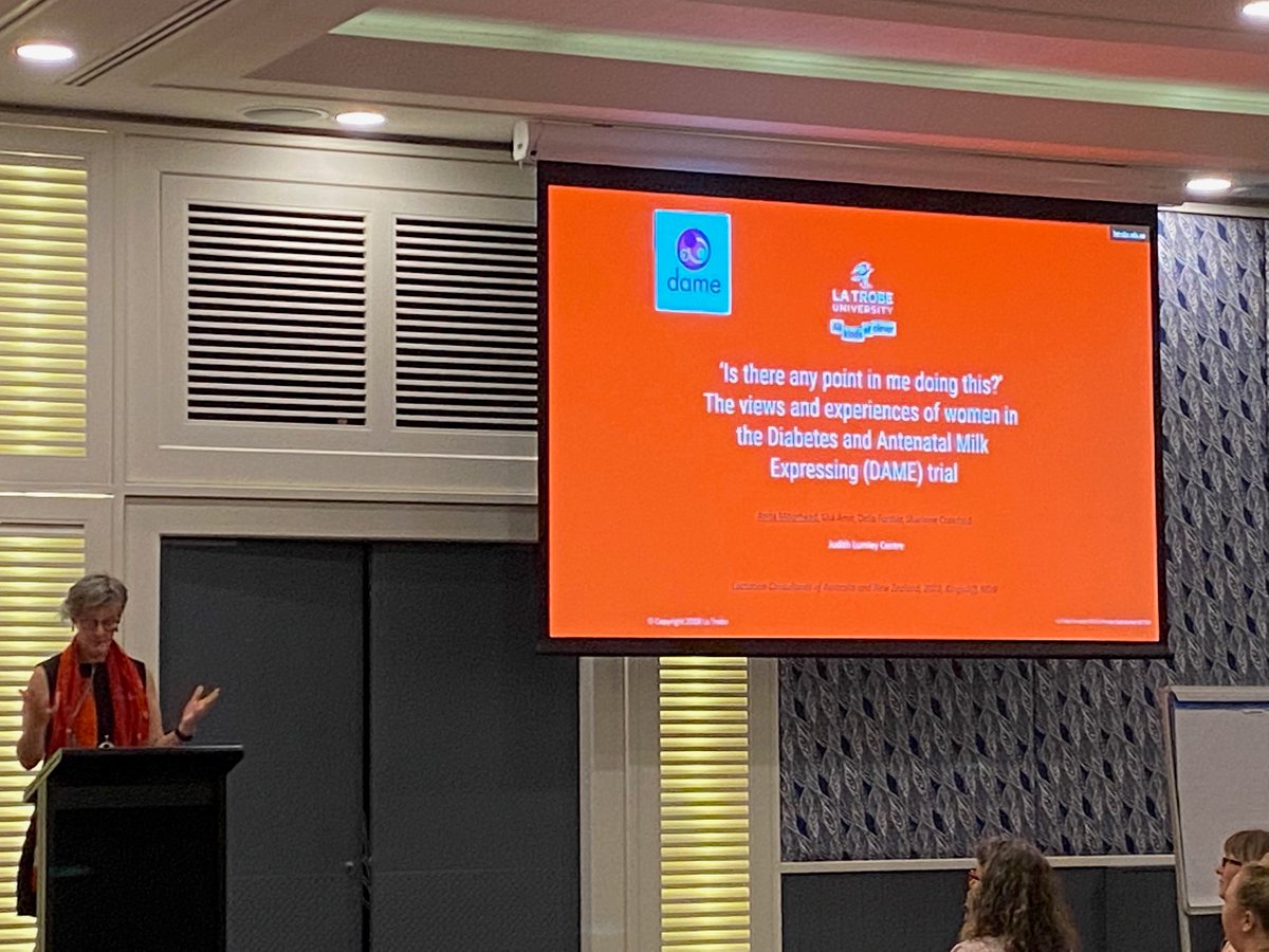 #LCANZ2022 Anita Moorhead presents the qualitative component of her PhD from the DAME (Diabetes &amp; Antenatal Milk Expression) RCT
Purposive sample of women with diabetes who were recruited to #AME 
Published article is #OpenAccess 
onlinelibrary.wiley.com/doi/10.1111/mc…