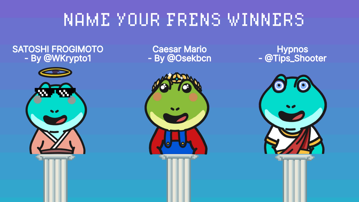 AndromedaToadz's tweet image. Here are the winners of the #AndromedaToadz &quot;Name Your Frens&quot; giveaway 🐸

We chose 6 winners instead of 5 because of your fantastic creativity 🎨

DM us your wallet address  💵 @WKrypto1 @Osekbcn @Tips_Shooter @janzen488 @PiMalDave @m_racinggoer 

@FrensFrog @GmgnTeam @MetisDAO