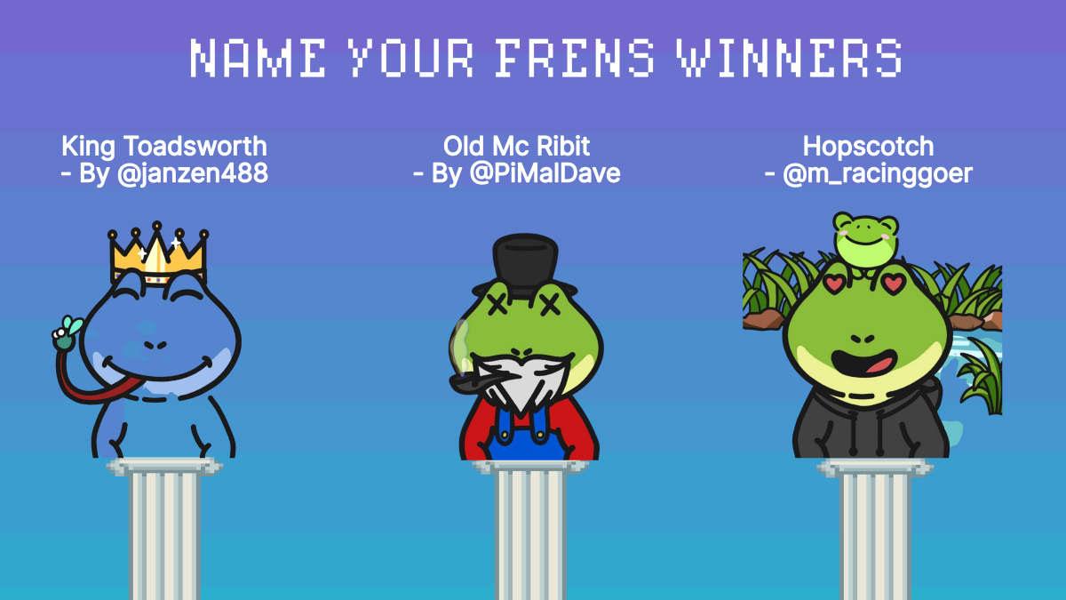 AndromedaToadz's tweet image. Here are the winners of the #AndromedaToadz &quot;Name Your Frens&quot; giveaway 🐸

We chose 6 winners instead of 5 because of your fantastic creativity 🎨

DM us your wallet address  💵 @WKrypto1 @Osekbcn @Tips_Shooter @janzen488 @PiMalDave @m_racinggoer 

@FrensFrog @GmgnTeam @MetisDAO