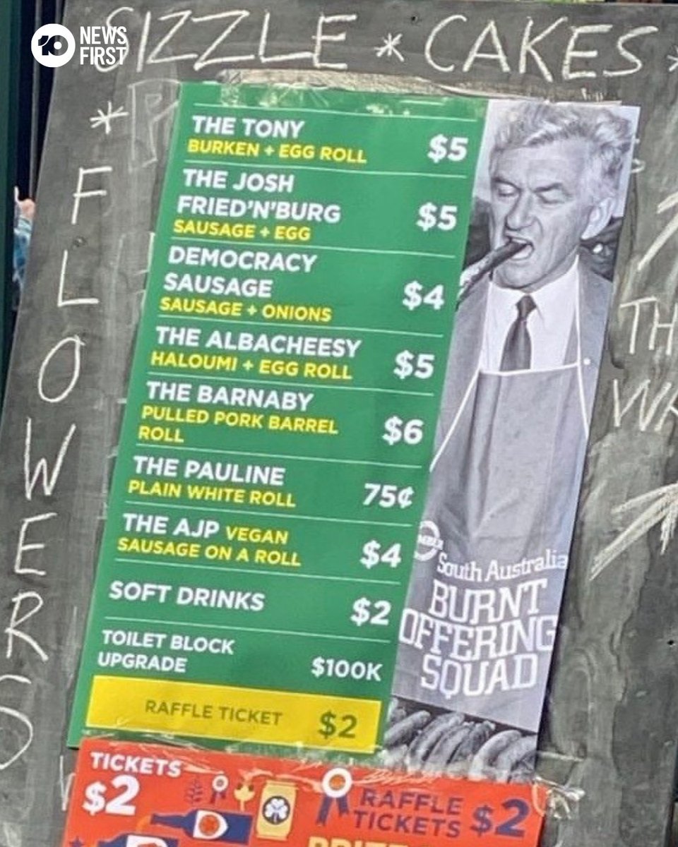 We're calling it now, Camdenville Public School in Sydney has the best democracy sausage menu of the election.

We'll get one Josh Fried'N'Burg and one Albacheesy please. #ausvotes #ausvotes22 #auspol