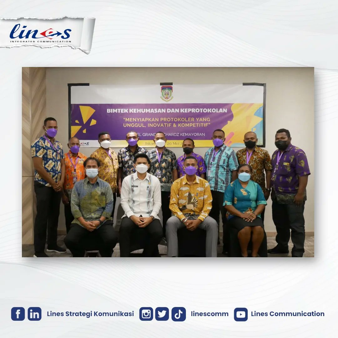 Linescomm's tweet photo. PT. Lines Strategi Komunikasi kembali mengadakan Bimbingan Teknis Kehumasan dan Keprotokolan yang diselenggarakan pada tanggal 19-20 Mei 2022 di Hotel Grand Orchardz Kemayoran dengan peserta dari Kabupaten Waropen, Papua. https://t.co/CPIzb7ya8u