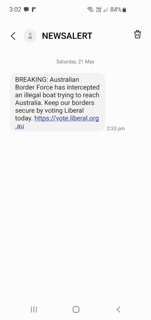 elisereports's tweet image. The liberal party is mass texting Australians a breaking "news alert" telling them ABF has intercepted an illegal boat trying to reach australia. It links to voting instructions for the liberal party. @abcnews AEC says it appears properly authorised