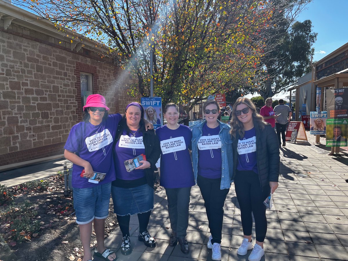 ANMFSA's tweet photo. Vote wisely. Labor has committed to key changes to a broken Aged Care sector. You'll continue to see ANMF (SA Branch) CEO/Secretary Adj Associate Professor Elizabeth Dabars and our team in purple at Boothby polling stations for the rest of the afternoon. #ItsNotTooMuch https://t.co/I6j6GFWAsM