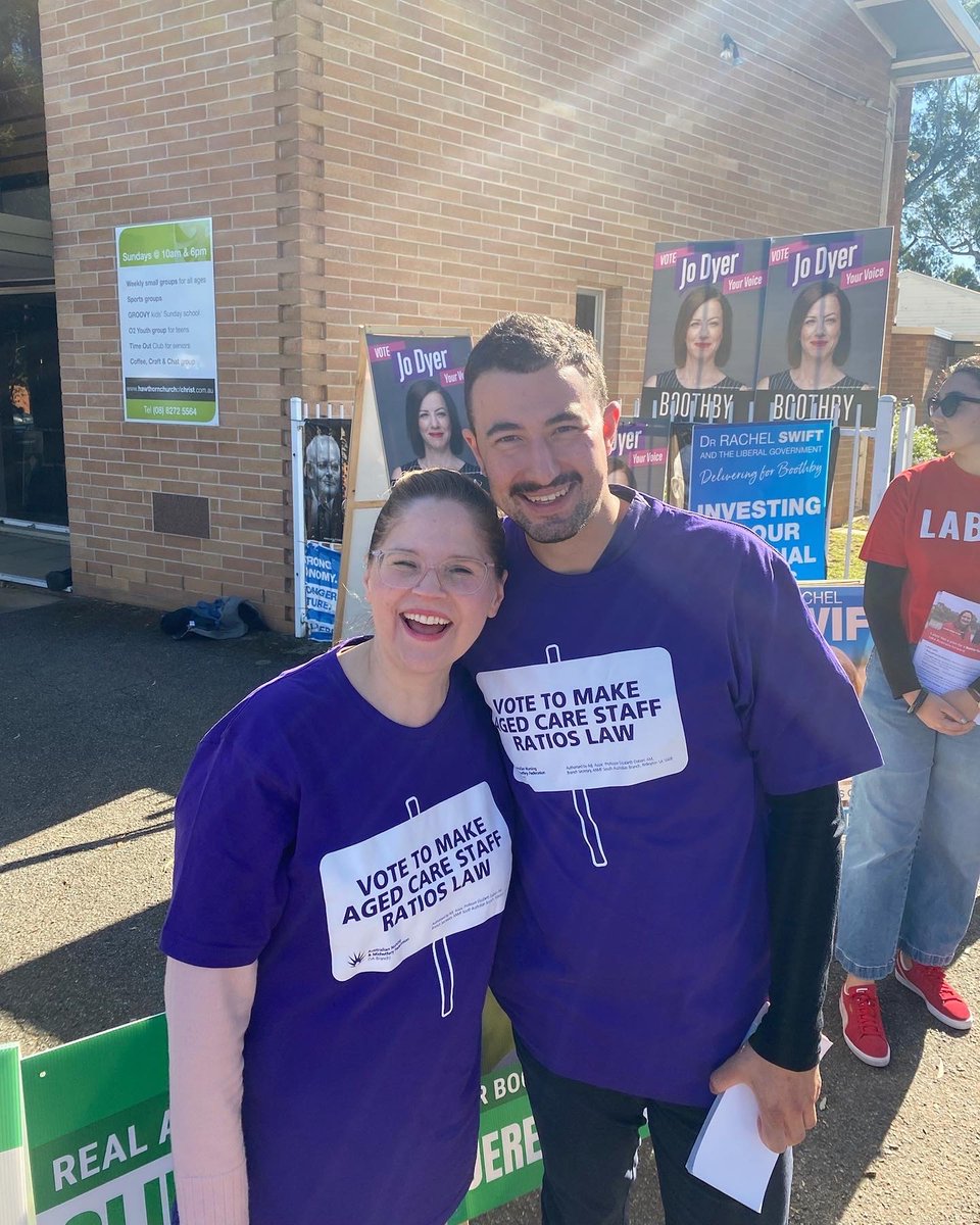 ANMFSA's tweet photo. Vote wisely. Labor has committed to key changes to a broken Aged Care sector. You'll continue to see ANMF (SA Branch) CEO/Secretary Adj Associate Professor Elizabeth Dabars and our team in purple at Boothby polling stations for the rest of the afternoon. #ItsNotTooMuch https://t.co/I6j6GFWAsM