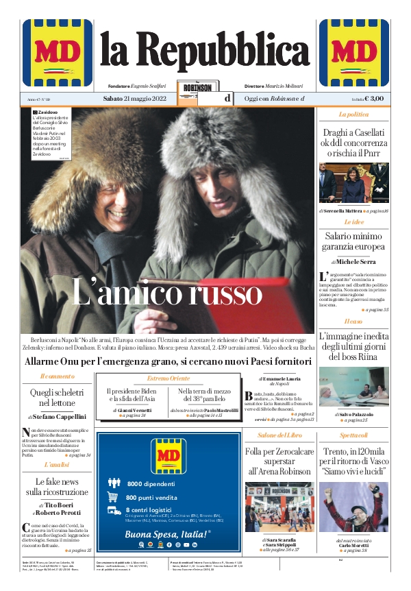 repubblica's tweet photo. La prima pagina di oggi #21maggio https://t.co/LZaZp2ocNj 📰 https://t.co/FrbfYLZGd1