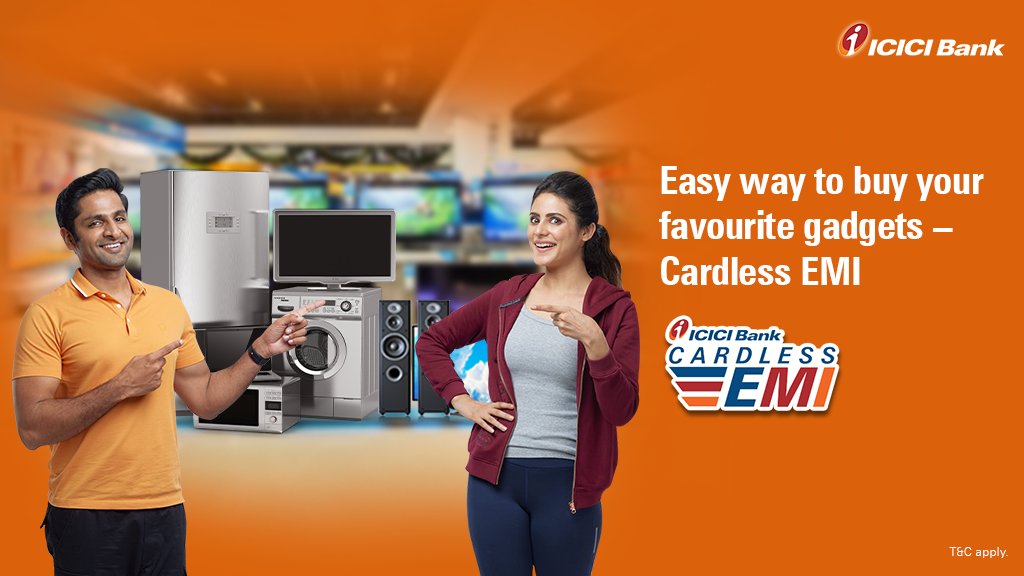 ICICIBank's tweet photo. Upgrade to a new gadget or appliance with #ICICIBank’s ‘Cardless EMI’ facility simply by using your mobile phone and PAN in lieu of wallet or cards. Happy shopping! #GoShoppingGoCardless 

Learn more: https://t.co/OlY6zy1lba https://t.co/RNBg00iufg
