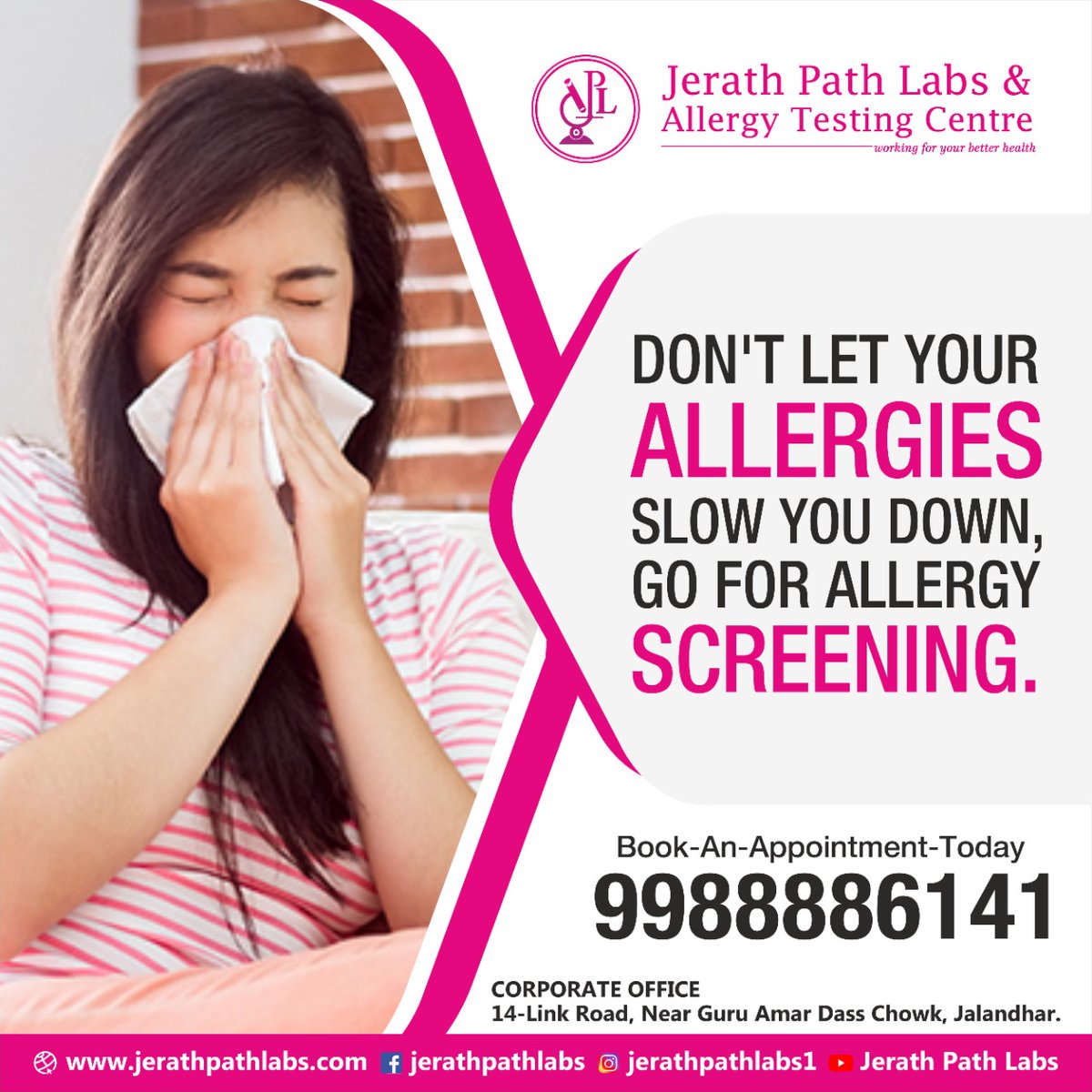 JerathLabs's tweet image. Don't let your allergies slow you down, Go for allergy screening. Book-A-Test-Today, call us on: 9988886141 or visit our website: jerathpathlabs.com 

#JerathPathLabs #jerathgroup #drprashantjerath #jalandhar #offer #healthylife #allergy #food #skin #inhalant #drug #cough