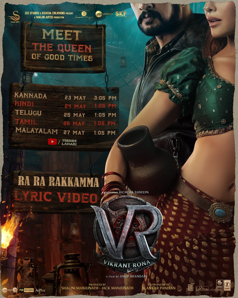 Asli_Jacqueline's tweet photo. Welcome Gadang Rakkamma - The Queen Of Good Times 
#RaRaRakkamma lyric video on
 
Kannada - 23 May - 3:05 PM 
Hindi - 24 May - 1:05 PM
Telugu - 25 May - 1:05 PM 
Tamil  - 26 May - 1:05 PM 
Malayalam - 27 May - 1:05 PM 

#VRonJuly28 

@KicchaSudeep @VikrantRona https://t.co/G9PCtfsJER