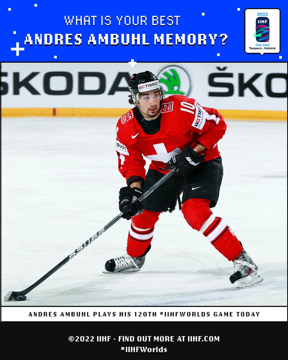 Special day for Andres Ambuhl today as he will play his 120th #IIHFWorlds game.👏 Most in #IIHF history.😊

Let us know what is your best Andres Ambuhl memory?⤵️ <a href="/SwissIceHockey/">Swiss Ice Hockey</a>