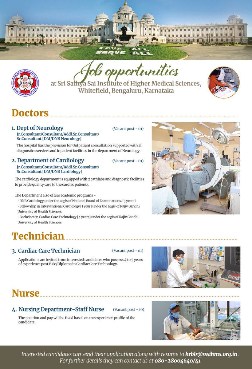 TheSathyaSai's tweet photo. Job Opportunities at Sri Sathya Sai Institute of Higher Medical Sciences, Whitefield, Bengaluru, Karnataka. 
#JobOpportunities #Jobs #Doctor #Hospital https://t.co/EdiU0Op1HQ