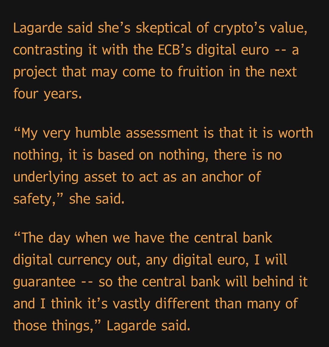 Via Bloomberg: Comments by ECB President Christine Lagarde on  cryptocurrencies and a digital Euro. #euro #digital #cryptomonnaie  #currency #crypto #cryptoassets #bitcoin #cryptocurrencies #cryptocurrency  @economics @markets @ecb @Lagarde #economy #markets