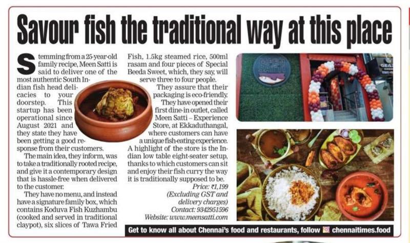 meensatti's tweet photo. Featured in @timesofindia @ChennaiTimesTOI  paper. Super happy to see this ☺️❤️. Waiting to spread the fish curry love to all of you 😁
#meensatti #fishcurry #southindianfood #foodofchennai #chennaifood #foodbloggers #toi https://t.co/Nk58gsCrIR
