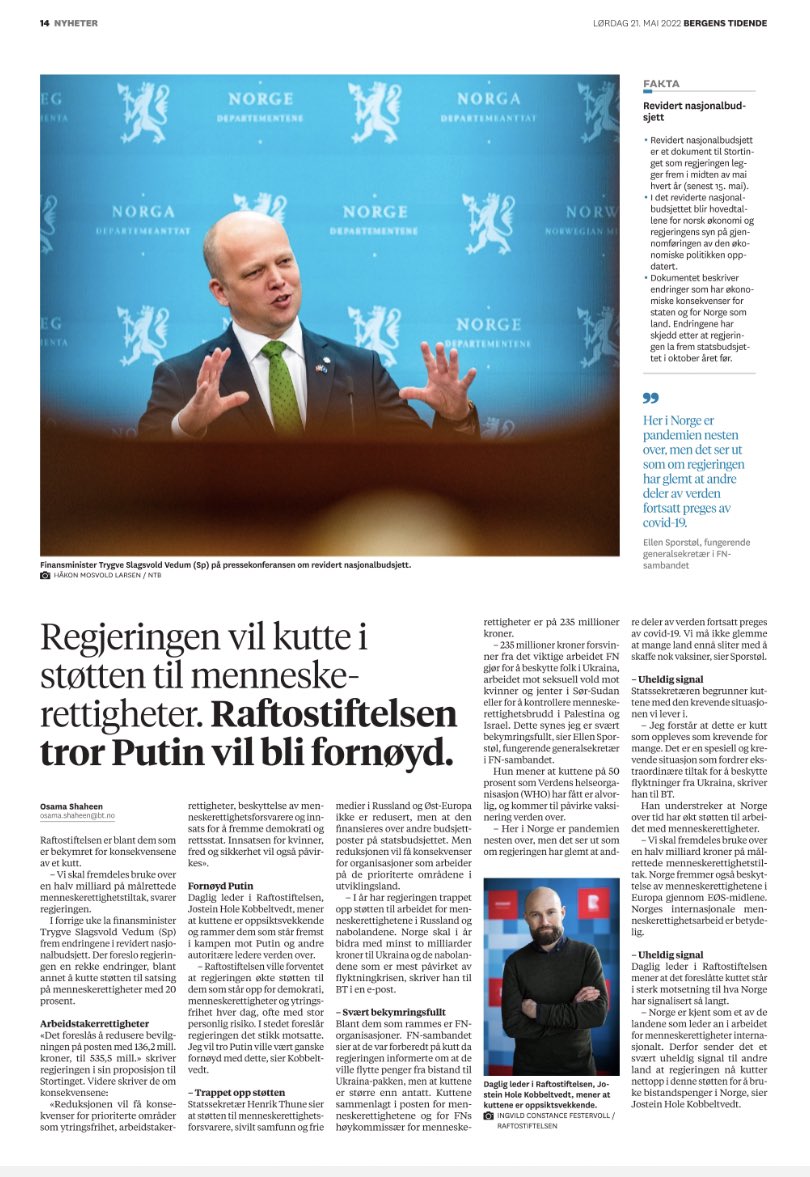 I dag skriver @btno om regjeringens foreslåtte kutt til #menneskerettigheter. Fra @RaftoFoundation er vi tydelig på hvor alvorlig dette er i en tid der autoritære krefter er på fremarsj, ikke bare i #Russland. Dette kuttet må @Stortinget kutte #revidertnasjonalbudsjett