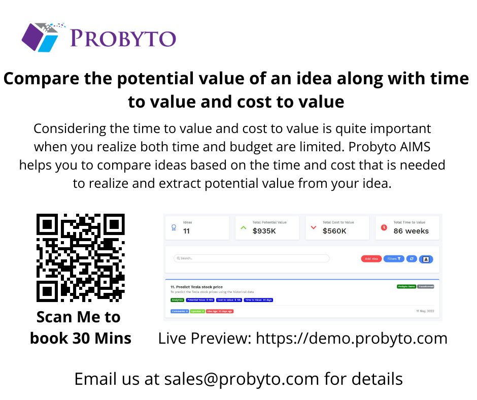 probyto's tweet image. Compare the potential value of an idea along with time to value and cost to value

Probyto AIMS helps you to compare ideas based on the time and cost that is needed to realize and extract potential value from your idea.

Demo: demo.probyto.com/demo-registrat…

#PotentialValue
#ProbytoAIMS