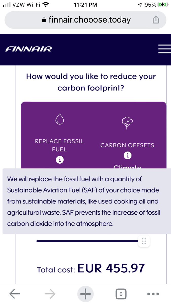 flying to Sweden tomorrow. For $456 I can offset my carbon footprint.  They will replace my portion of the fuel with “used cooking oil or agricultural waste.” Will a special fuel truck would drive up with my special oil? Would other passengers be happy? Would I?