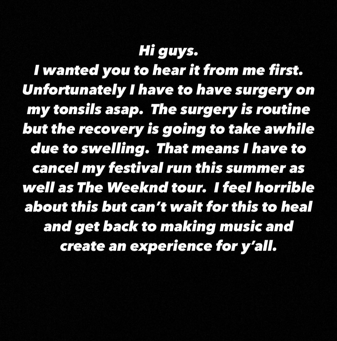 moviesmusic_th_'s tweet image. Doja Cat จำเป็นต้องผ่าตัดทอนซิลด่วนหลังจากที่ทอนซิลอักเสบและอาการหนักขึ้น เธอต้องใช้เวลาพักฟื้นนานพอสมควรเธอจึงจำเป็นต้องยกเลิกการแสดงทั้งหมดที่เฟสติวัลต่างๆช่วงซัมเมอร์และต้องถอนตัวออกจากทัวร์ของ The Weeknd ด้วย เธอรู้สึกแย่มากแต่ก็รอไม่ไหวที่จะกลับไปทำเพลงใหม่ๆให้พวกเรา