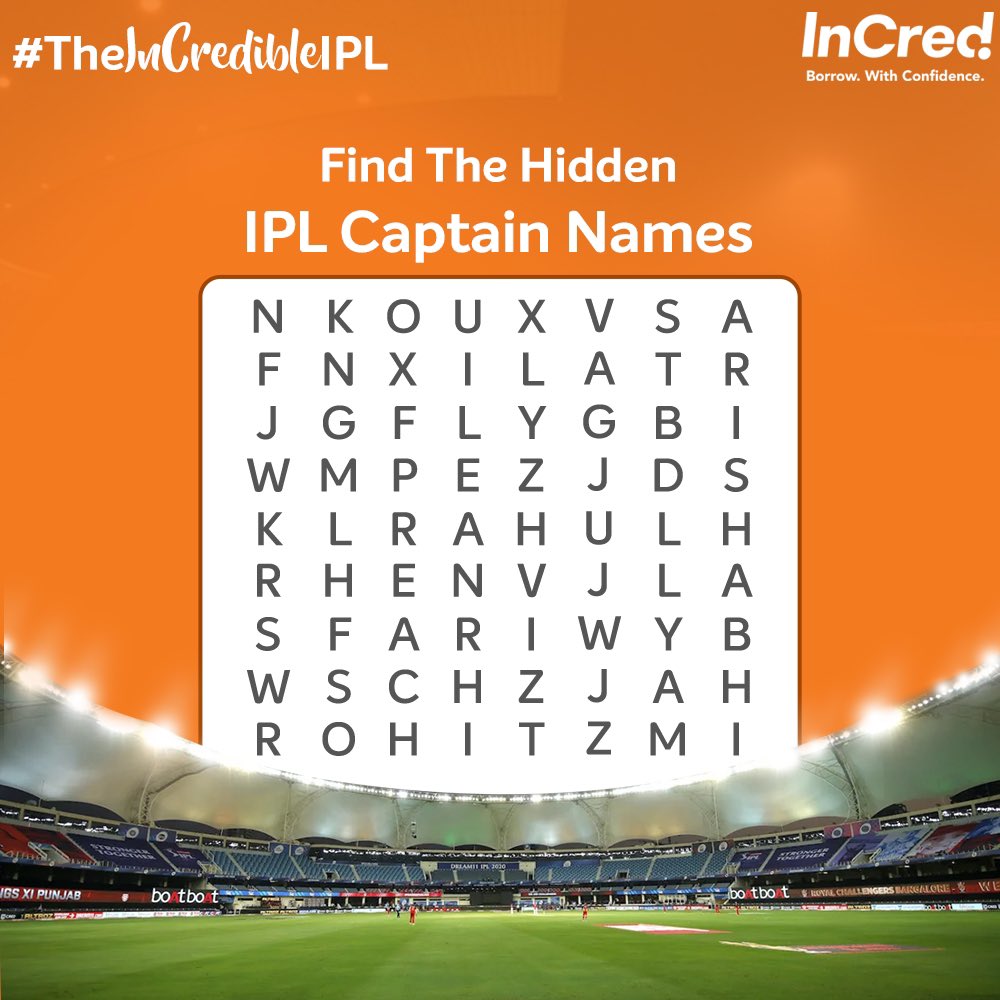 InCredFin's tweet image. Every team needs a captain and so do you to win the contest 

Comment the IPL captain names that are hidden in this word puzzle &amp;amp; 2 lucky winners will stand a chance to win amazon vouchers.

Check the rules below 👇