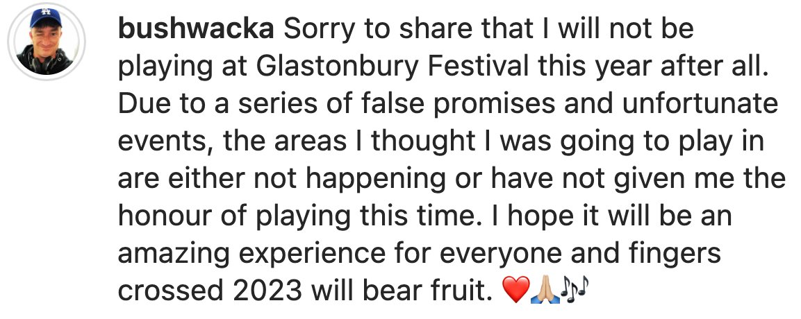 GlastoFestFeed's tweet photo. Bushwacka confirms he will not be playing at Glastonbury this year after all... 🔎

#Glastonbury2022 #Glastonbury #Bushwacka
🔗https://t.co/Sk7gNPtz9t https://t.co/jF0muBJJRZ
