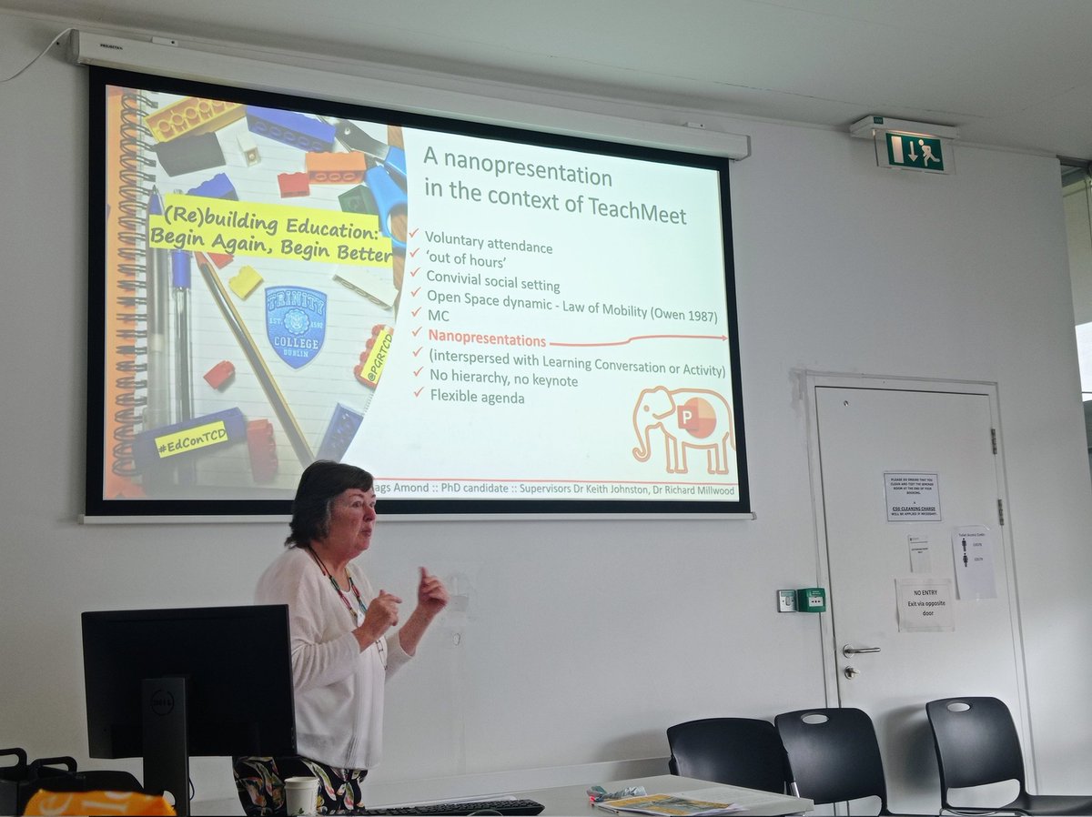 PgrTcd's tweet photo. @magsamond giving us the 'spreagadh' that we need to spark a light in our curiousity and showing us all how nanopresentations work! @SchoolofEdTCD @PgrTcd #BeginAgainBeginBetter #EdConTCD https://t.co/iGcOI68PpN