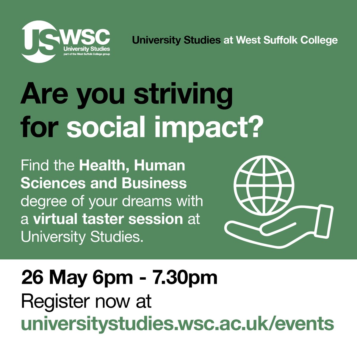WestSuffolk's tweet image. We are hosting a virtual event on 26 May from 6pm to talk about our Department of Health and Human Science and Business courses we have on offer at University Studies.

Register now via universitystudies.wsc.ac.uk/events

#BuryStEdmunds #Suffolk #HumanScience #HumanSciences