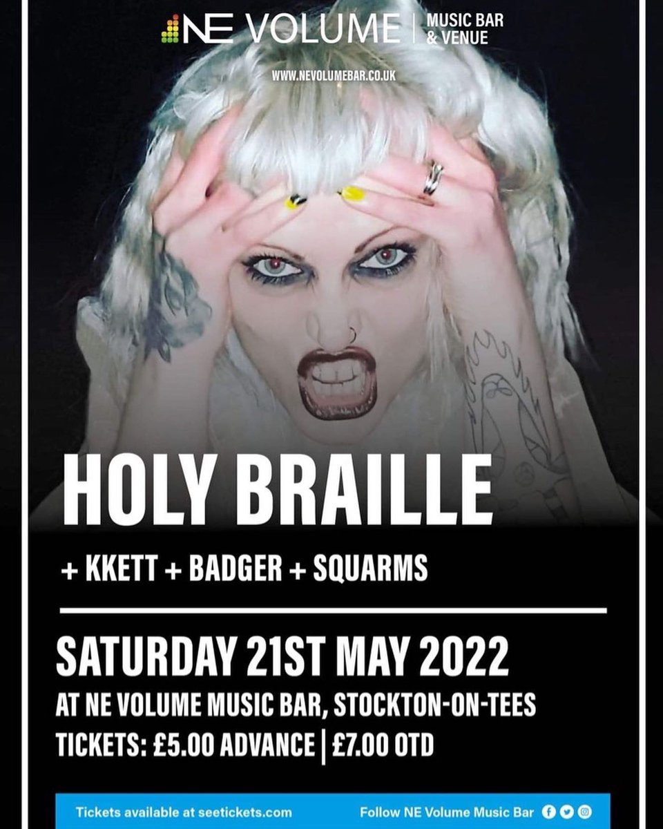 It’s gig day! Doors open at 5.30 and tickets will be available on the door. Join us in Stockton for a night of darkwave and electro featuring <a href="/HolyBrailleUK/">HOLY BRAILLE</a>, <a href="/wearekkett/">Kkett</a>, Badger and <a href="/SQUARMS_/">SQUARMS</a>! Find out more and grab your tickets in advance here: facebook.com/events/5151991…