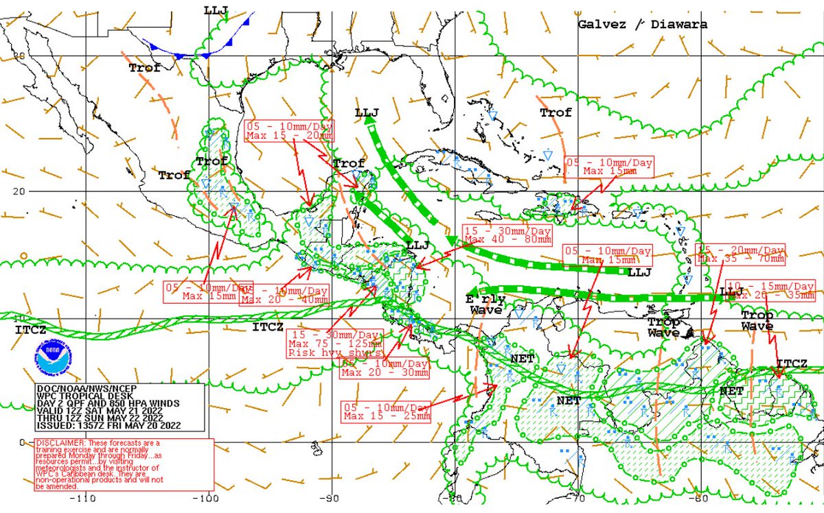 EstebanWXcast's tweet photo. OT02, que llega a Venezuela esta noche, modula hacia el norte a ZCIT, con la cual interactua (+), generará precipitaciones en la fachada atlántica, Apure y Sur de Venezuela. Vientos locales y orografía activarán tormentas en S/Zulia. Estabilidad atmosférica en el resto del país. https://t.co/Wp8q76dhrY