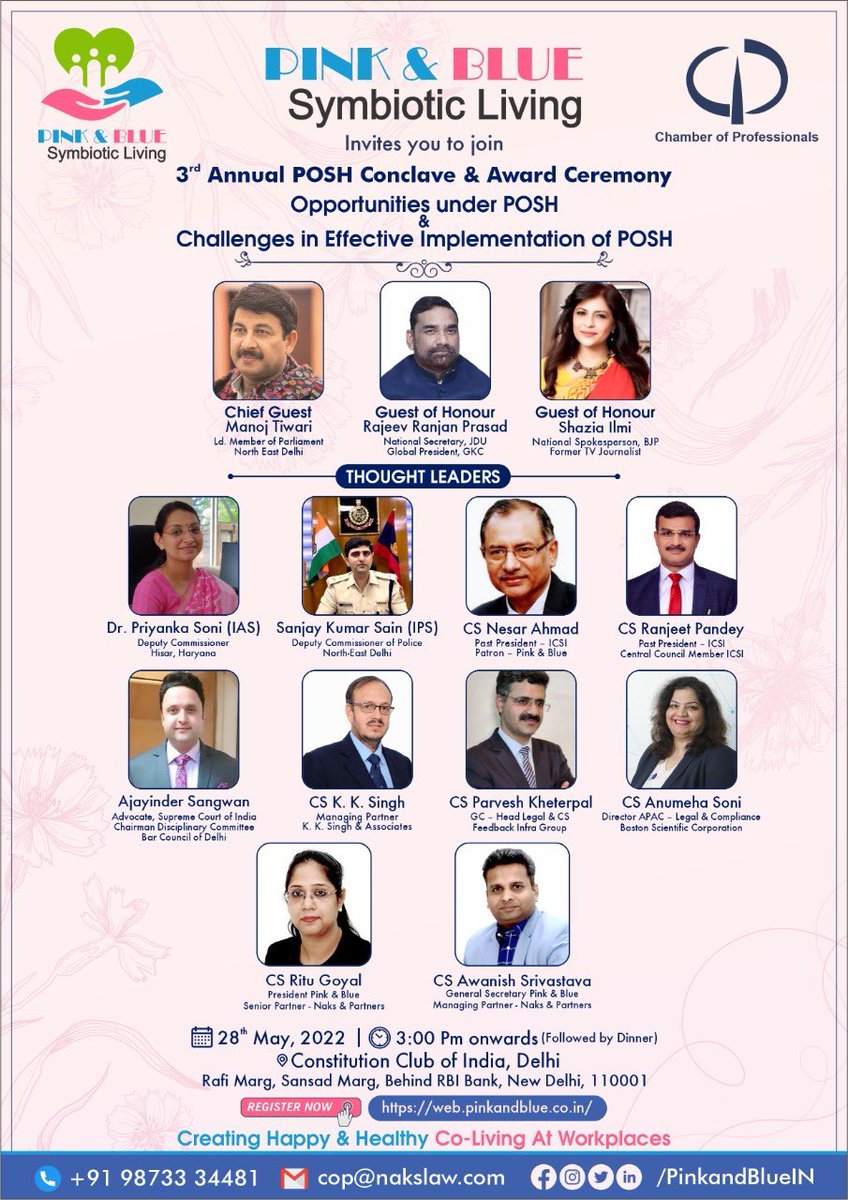 PinkandBlueIN's tweet photo. Plz join 3rd Annual Posh Conclave and Award Ceremony. India’s first of its kind Event on PoSH. 
👉Register here
https://t.co/nu6moaK286

When: Saturday 28th May, 2022
Venue: Constitution Club of India
Time : 3 P.M. to 7 PM @ManojTiwariMP @shaziailmi @RajivRanjanJDU https://t.co/qPO0Sp0FDb