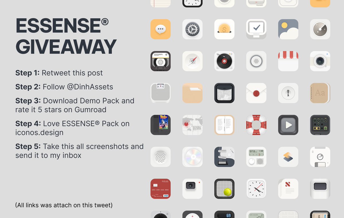 nhnhnhatanh's tweet image. Hello, follow those steps to get ESSENSE free! The coupon codes might be sent to the winner around a few hours because of the difference in time zone.

First come first served, good luck!
-----
Step 2: @DinhAssets 
Step 3: dinhassets.gumroad.com/l/essense
Step4: iconos.design/pack/essence