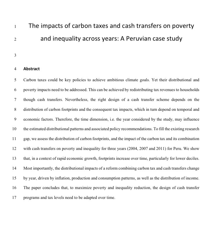 #carbontaxes and the redistributive role of #cashtransfers in #Peru! 

Interesting new paper by Malerba et al…
papers.ssrn.com/sol3/papers.cf…