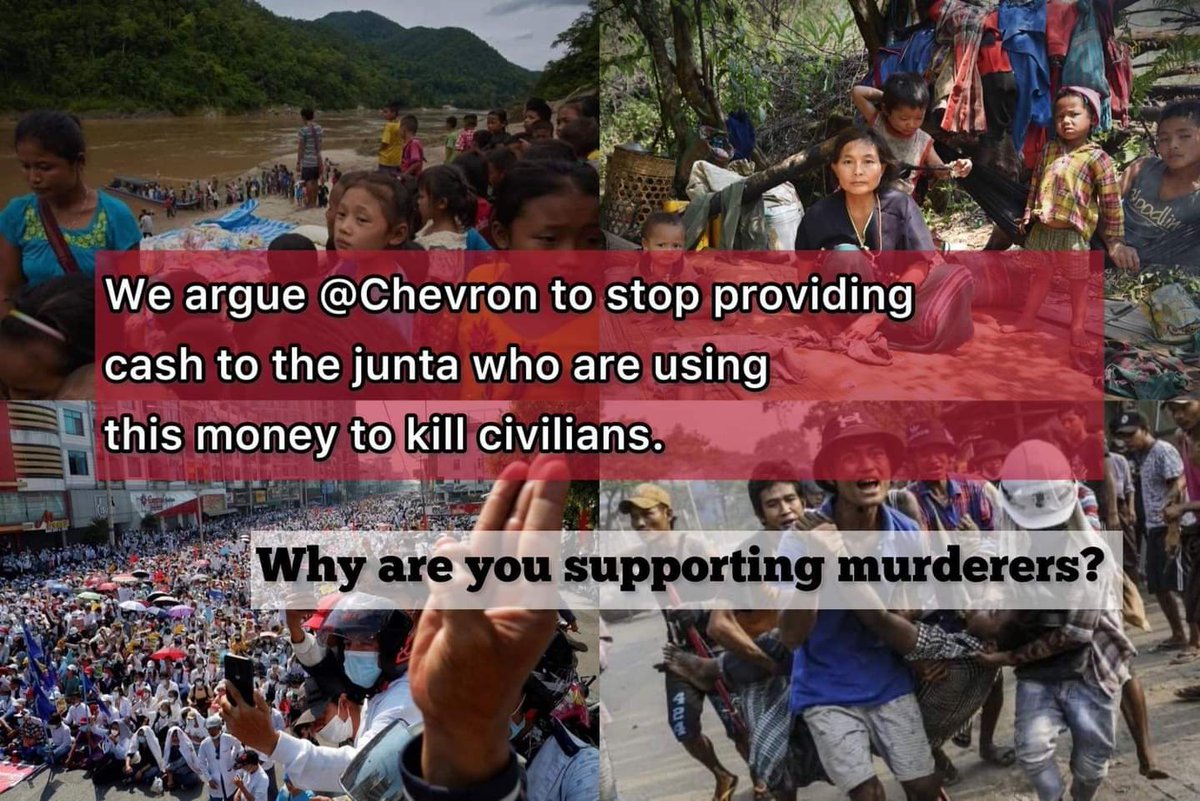 Chevron - STOP bankrolling the junta! 
The junta kills with your money!
Keep gas payments in escrow accounts!
#Chevron_StopSponsoringJunta
#KeepInEscrowAccount