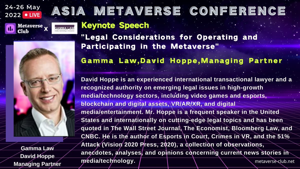 Metaverse_C1ub's tweet image. 📌#TopicPreview Legal Considerations for Operating and Participating in the Metaverse

Speaker:@gammalaw 

📅 Date: May 24- May 26 2022 ⏰

🚀 Ticket: lb.benchmarkemail.com//listbuilder/s…

📖 More Info: metaverse-club.net

#Metaverse #NFT
