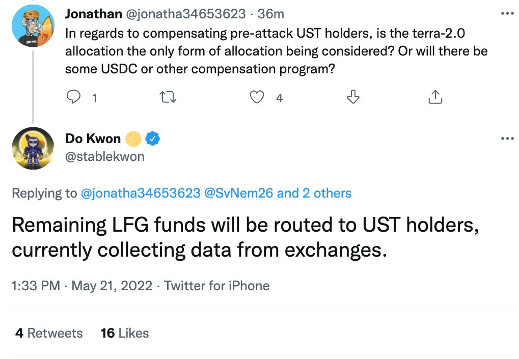 Nice to see that <a href="/stablekwon/">Do Kwon 🌕</a> has been answering questions about $UST. The wheels seem to be in motion. #hope
