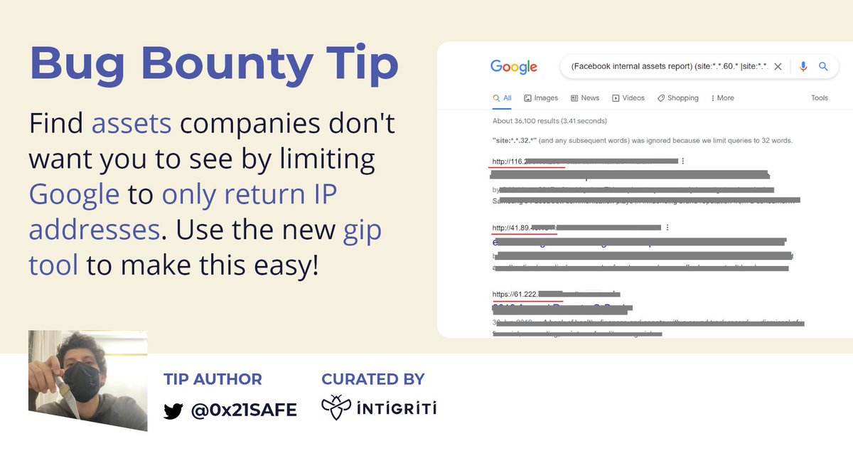 intigriti's tweet photo. Recon has just become easier! Find hidden assets by using this powerful Google dork to only return IP addresses! 🕵️‍♀️

Be sure to use the 'gip' tool to automate the process 😎

Thank you @0x21SAFE for providing this one!💪
#bugbounty #bugbountytips 👇 https://t.co/8GVAOlyYUk