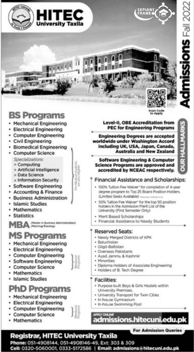 SkpiansFrame's tweet photo. >>> Attention, Admissions 2022 <<<<
HITEC University Taxila has announced admissions in https://t.co/f8Q5YUISGe Engineering, MBA , MS and PHD programs.
Use the below link for registration: https://t.co/YapvCa175L
# HITEC_University_Taxila
#Skpians'_Frame
#Sheikhupura https://t.co/jMfLXCFLlD